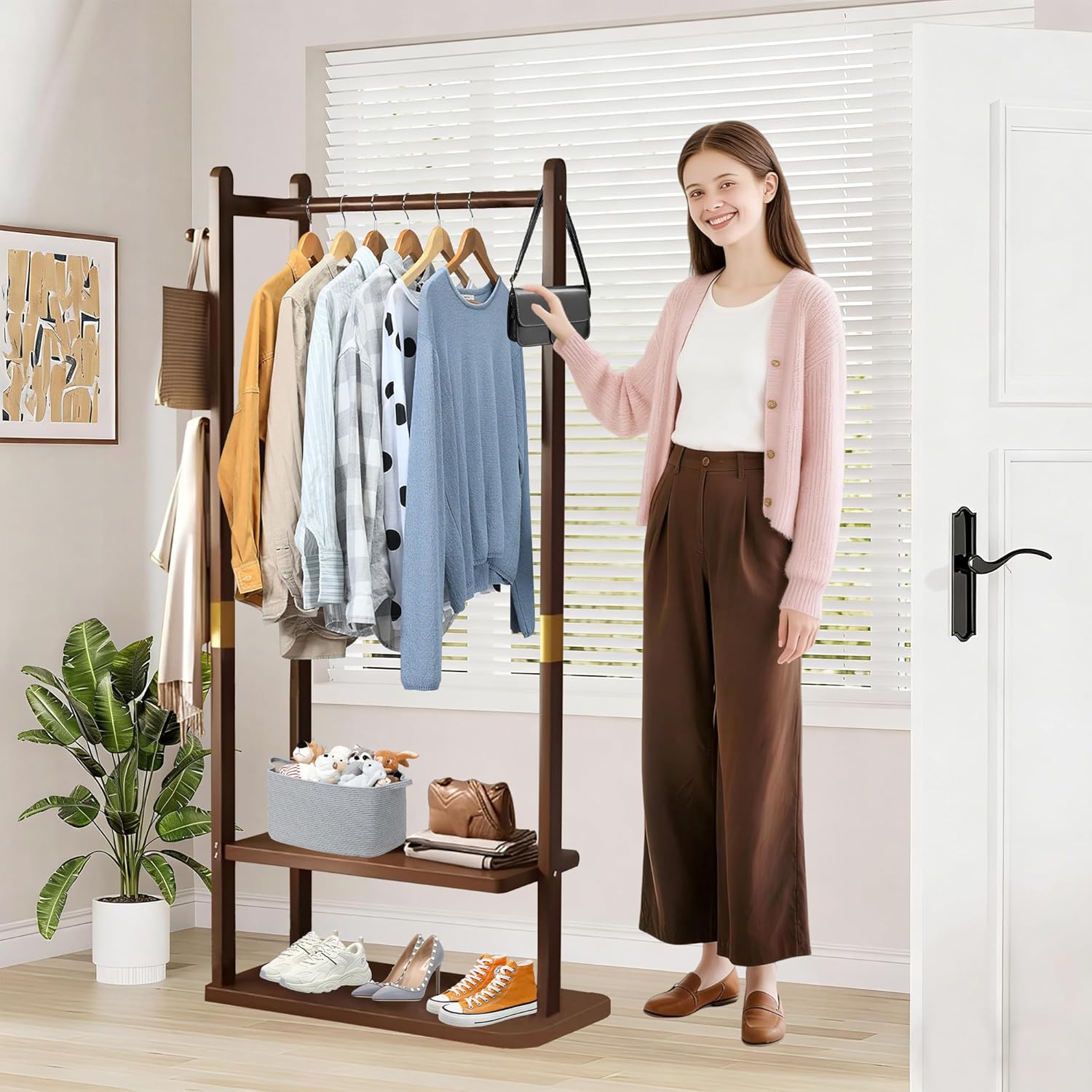 Wooden Coat Rack Freestanding, Hall Tree Hanger With Resin Hooks, Adjustable Heavy Duty Coat Rack for Hanging Clothes Bags Hats in Living Room Bedroom (coat rack, Round Base-Rosewood Color)