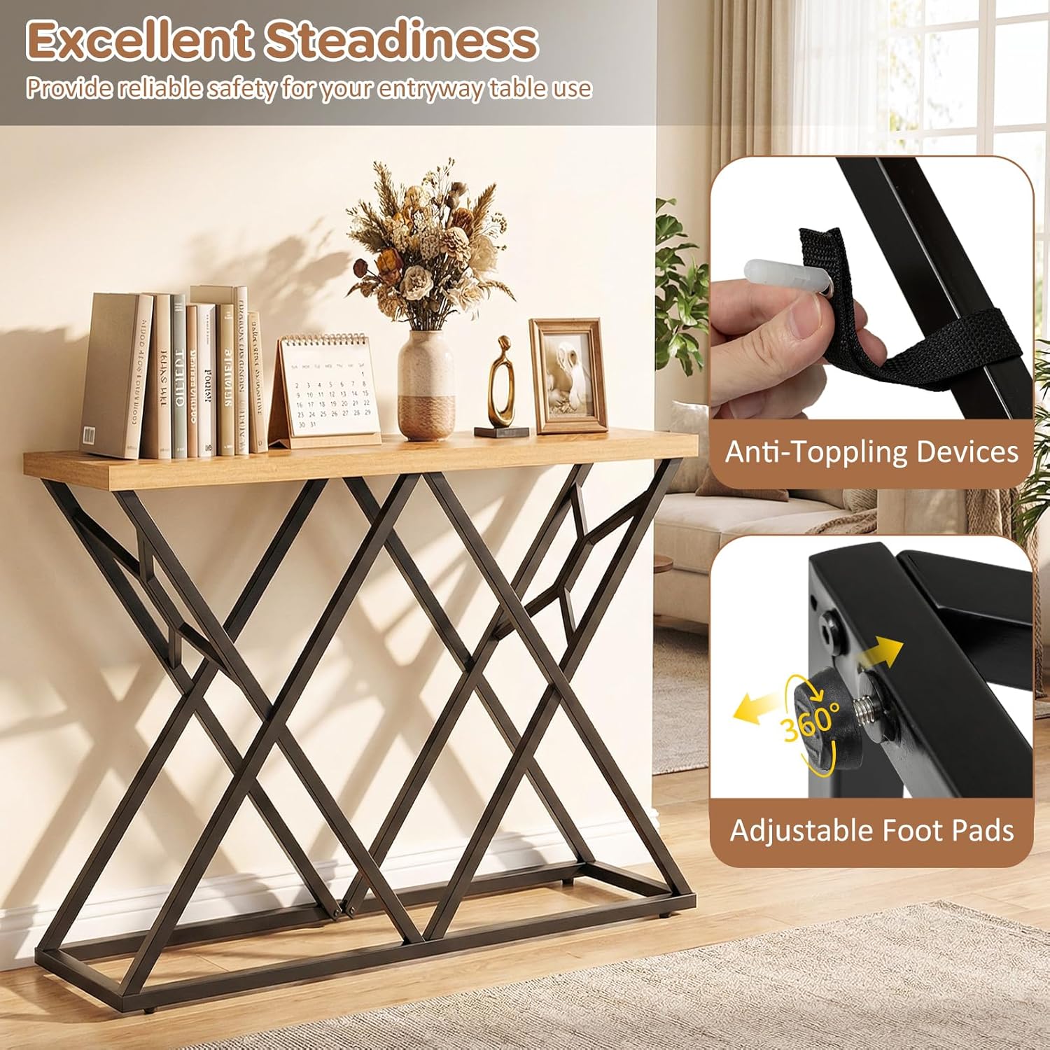 Byroce Narrow Console Table, 55”L Entryway Table with Geometric Metal Frame, Industrial Accent Behind Couch Table, Long Sofa Table for Living Room, Hallway, Entrance, Foyer & Home Decor, Natural