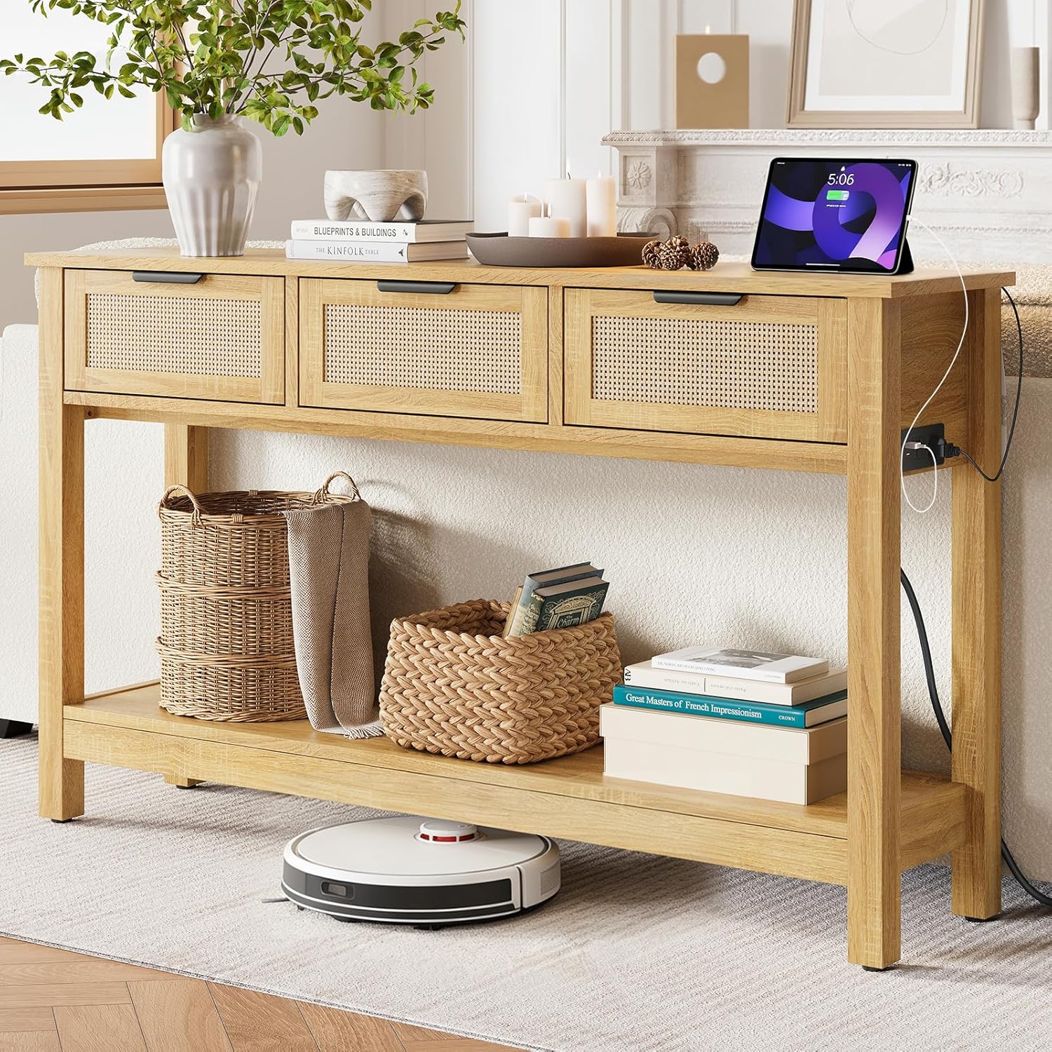 Luoxiao Entryway Console Table with 3 Rattan Drawers - Long Sofa Table Behind Couch Modern Fluted Hallway Living Room Storage Cabinet, Entry Table Open Shelf Foyer Furniture, Anti-Tip, Black, 47 Inch