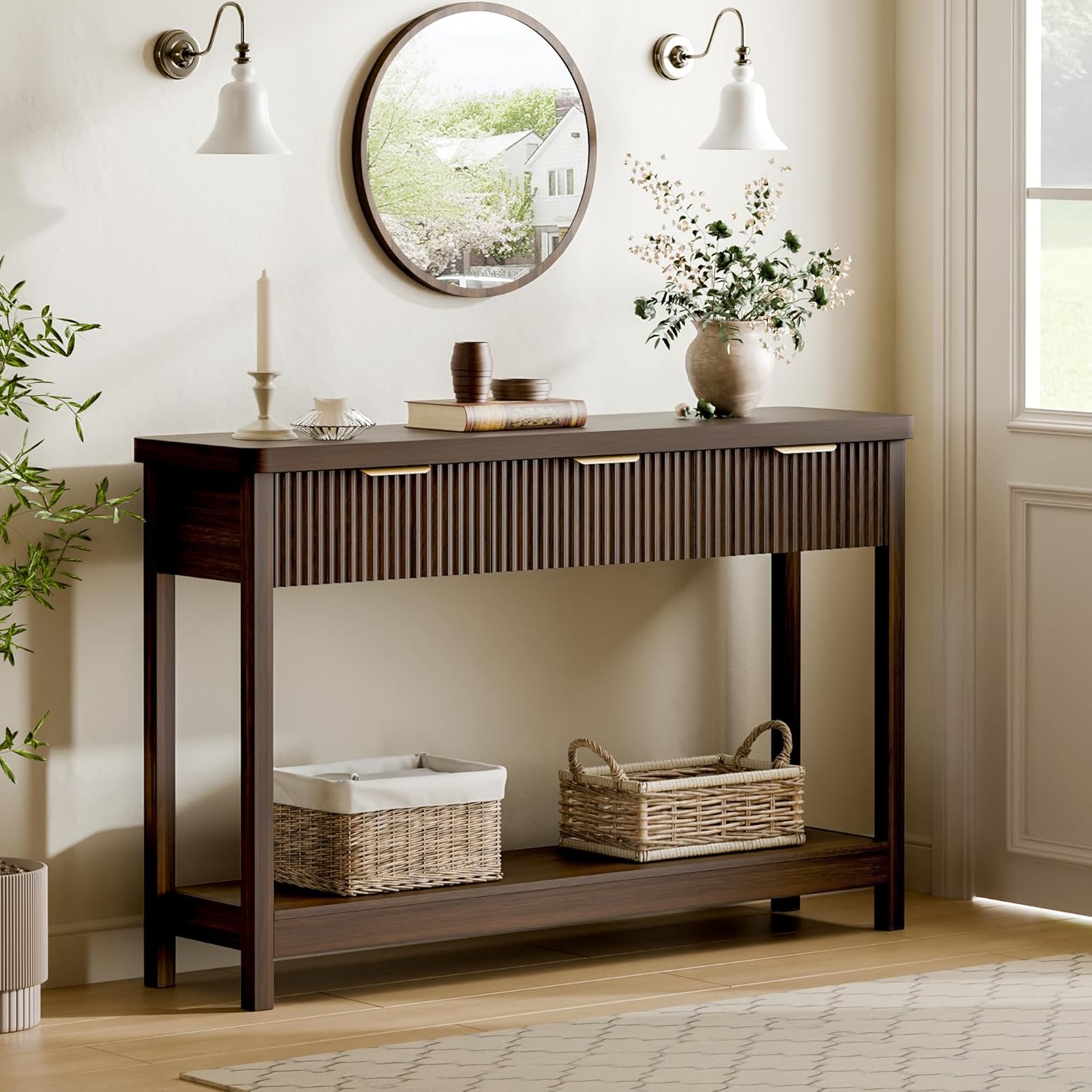 Lulive 51" Fluted Console Table for Entryway, Entryway Table with 3 Wooden Drawers, Farmhouse Behind Sofa Table for Living Room, Hallway, Couch, Foyer