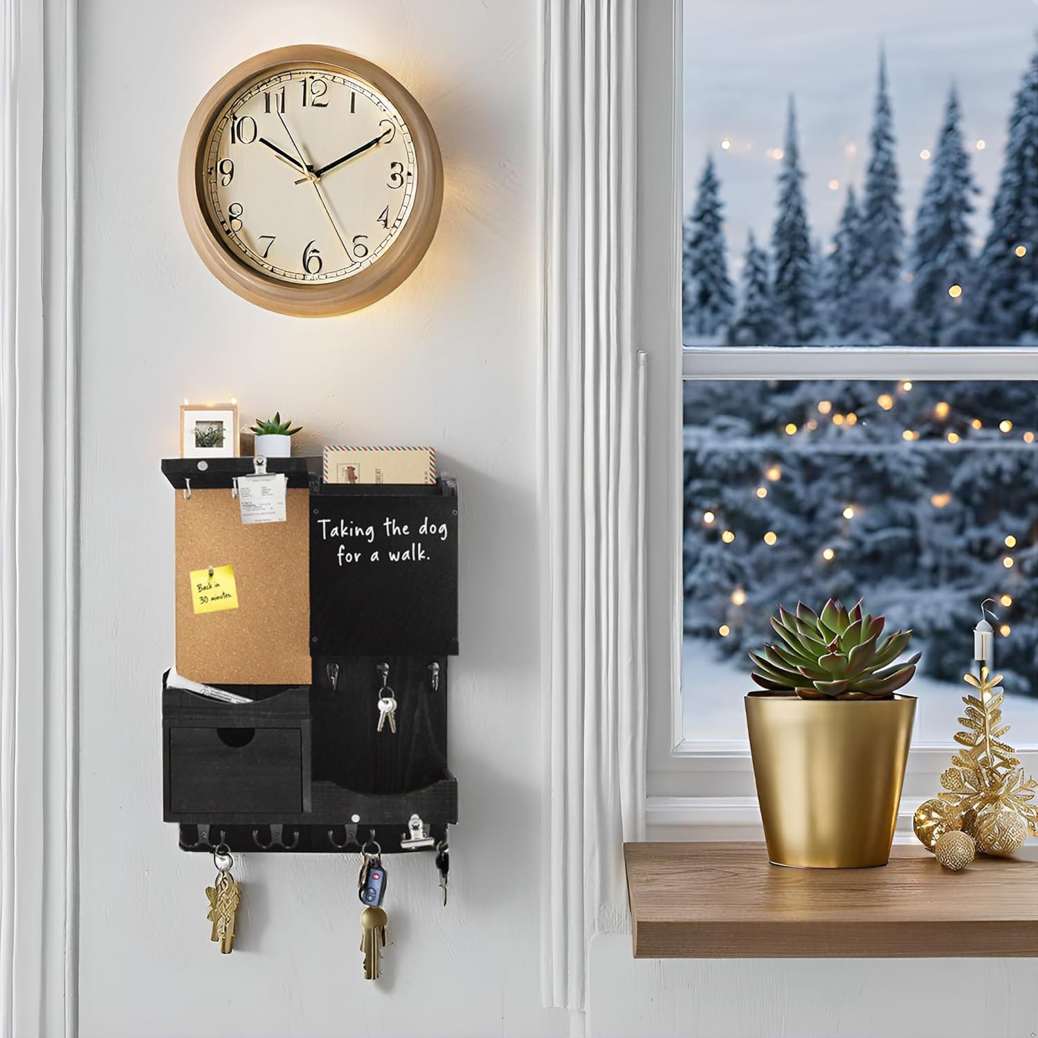 Key Holder Wall Mount， Mail Organizer Key Holder for Wall with Shelf, Drawer, Chalkboard, Corkboard, Home Decor Wall Mounted for Room Entryway (Black)