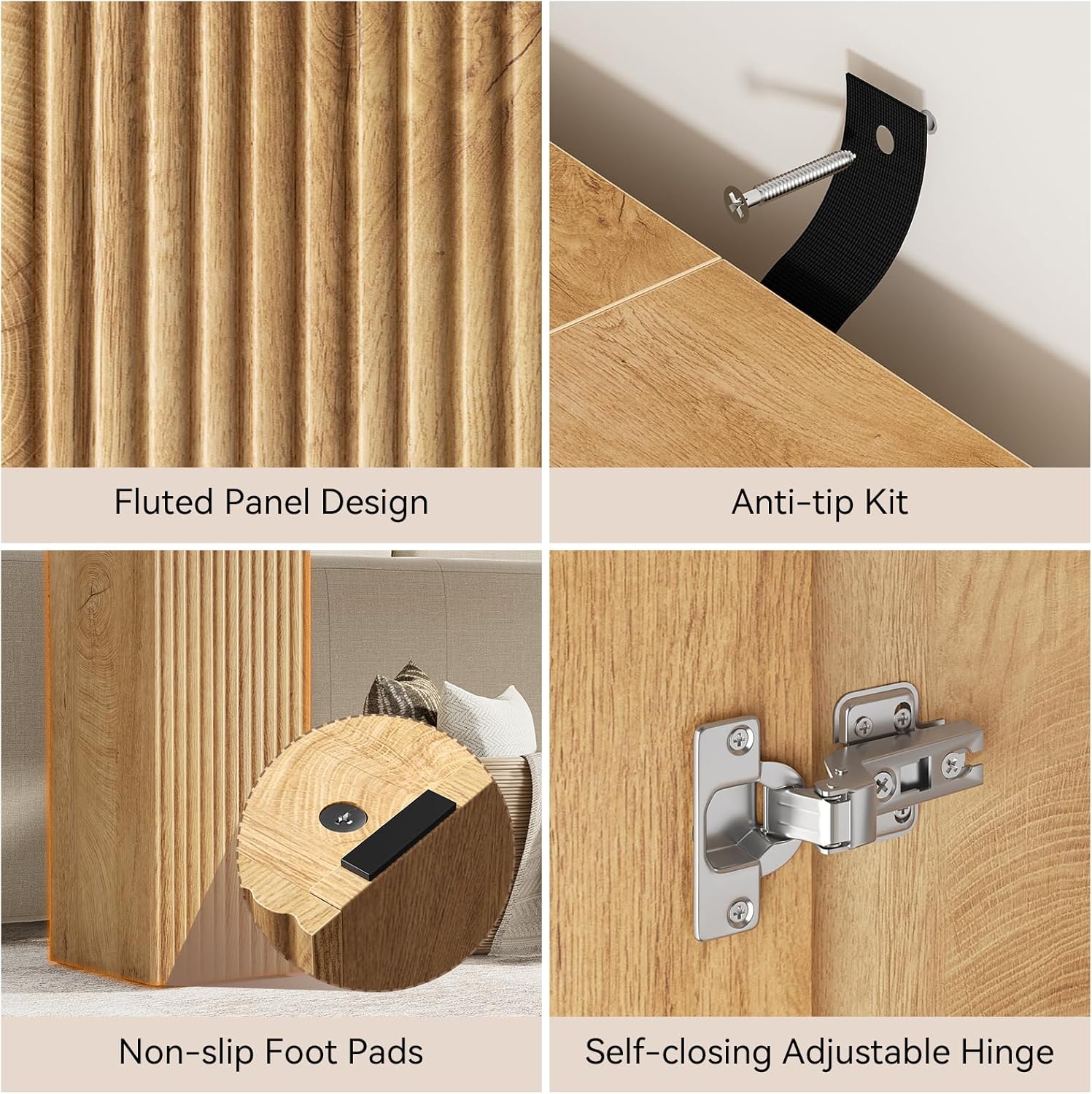 FABATO 61'' Fluted Long Console Table, Wooden Rectangular Sofa Table Behind The Couch, Narrow Entryway Table with 2 Hidden Storage Cabinets for Entrance, Hallway, Living Room, Foyer, Wood