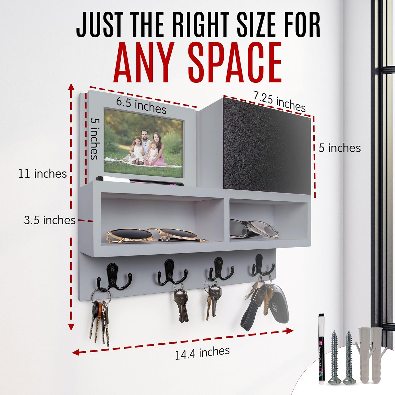 Spacelog Key and Mail Holder for Wall with Chalkboard – Magnetic Picture Frame Key Holder Wall Mount, Grey, Dual Storage & Cupboards
