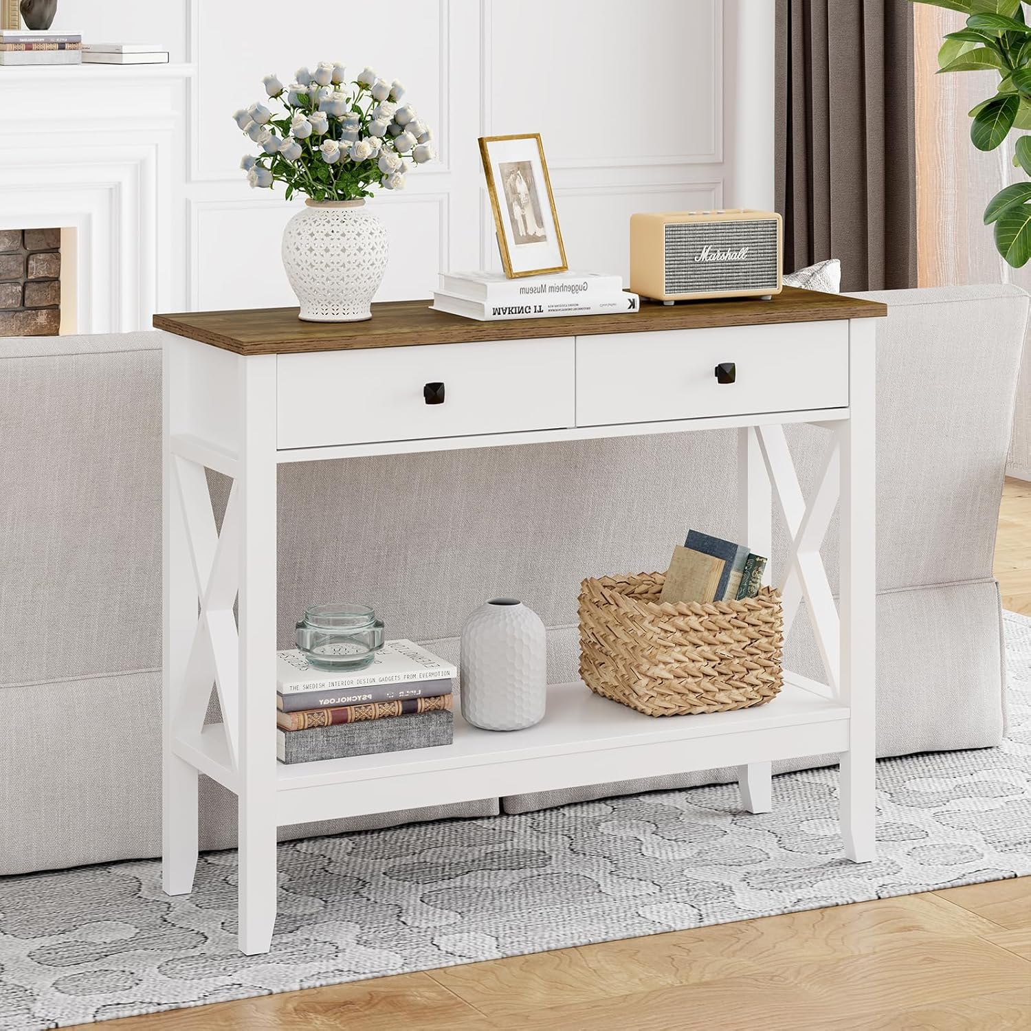 Console Table,Sofa Table 13.8" D x 39.37" W x 31.5" HEntryway Table with 2 Drawers Storage Shelve Foyer Table for Entryway Farmhouse Hallway Tables (White)