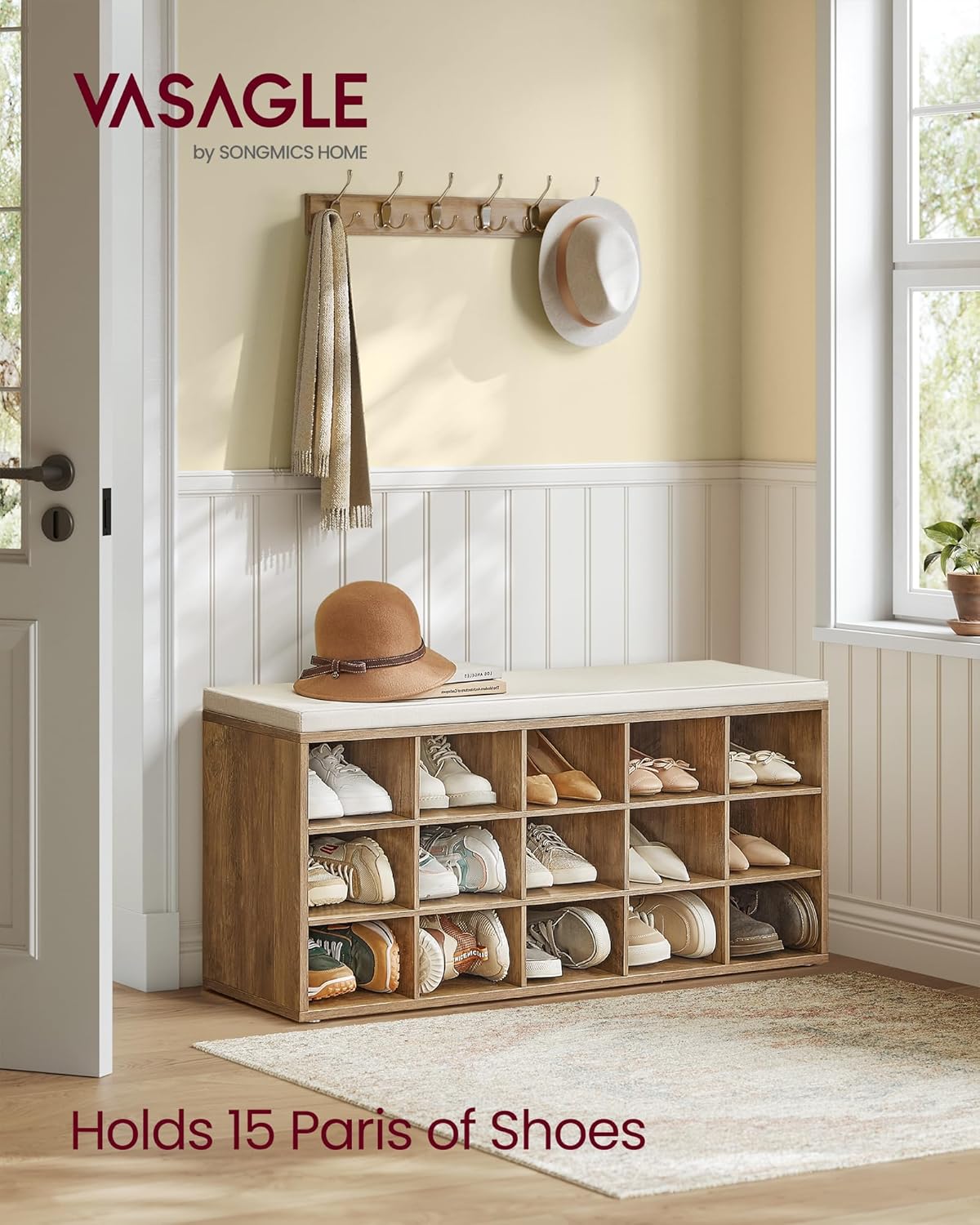 VASAGLE CUSTOS Collection - Shoe Bench, Storage Bench with Padded Seat, Entryway Bench with 15 Compartments, for Bedroom, 11.8 x 41.3 x 18.9 Inches, Honey Brown and Cappuccino Beige ULHS015K02