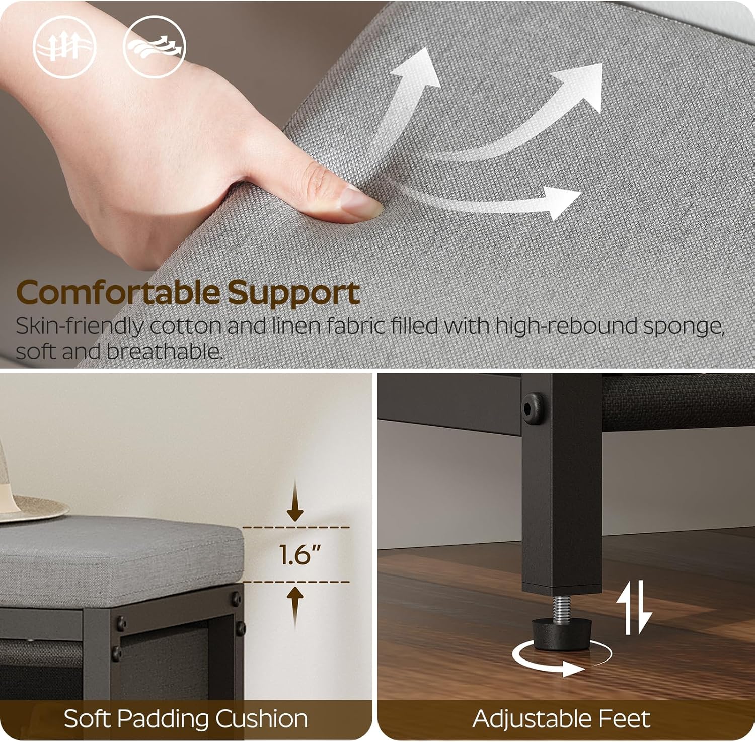 Shoe Storage Bench with Cushion, Entryway Bench, Shoe Rack with Padded Seat and 6 Oxford Compartments, for Closet, Bedroom, Entryway, Black and Gray HX01BK