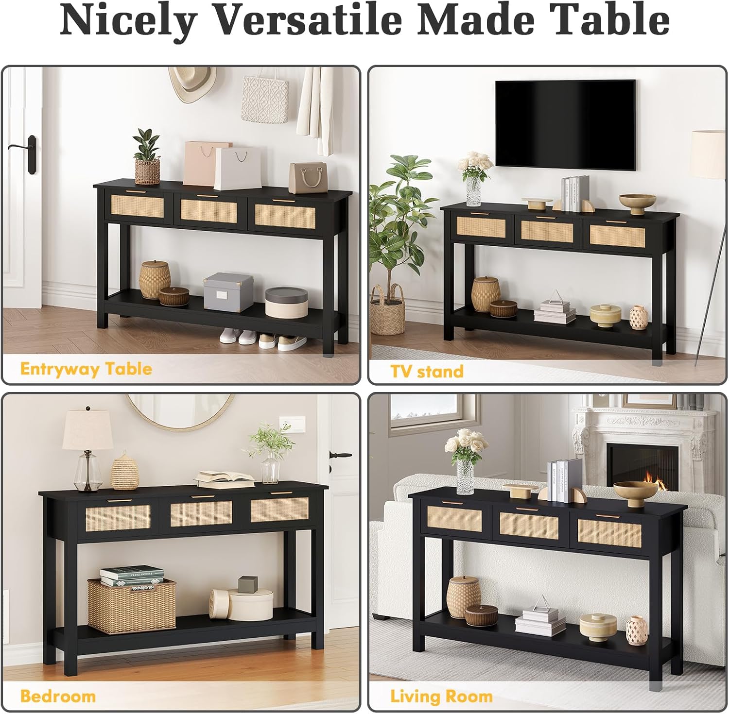 Luoxiao Entryway Console Table with 3 Rattan Drawers - Long Sofa Table Behind Couch Modern Fluted Hallway Living Room Storage Cabinet, Entry Table Open Shelf Foyer Furniture, Anti-Tip, Black, 47 Inch