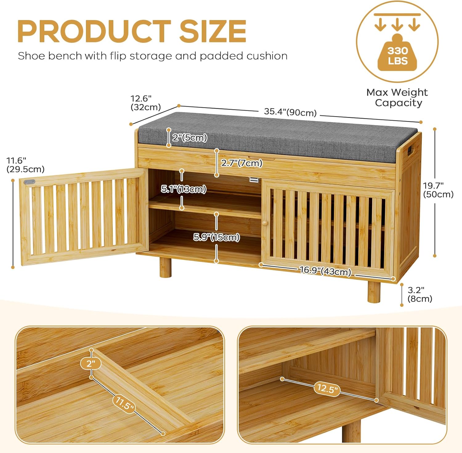 Shoe Storage Bench, Bamboo Entryway Bench with 2 Doors & Padded Seat Cushion, 35.4" W x 12.6" D x 19.7" H, 2-Tier Shoe Rack with Lift Top Hidden Storage, for Entryway, Living Room, Bedroom, Natural