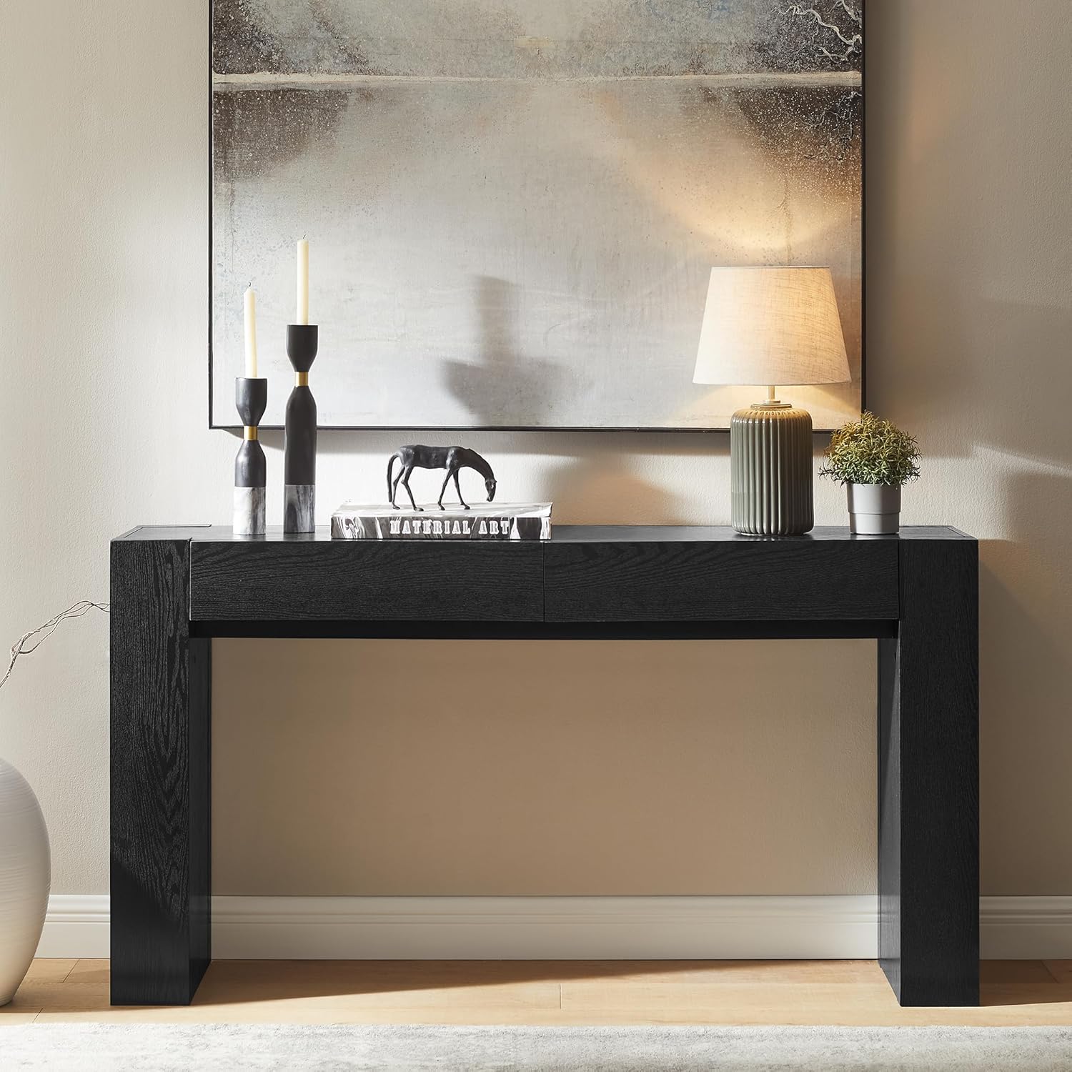 OKD Modern Entryway Console Table, Sofa Table with Drawers, 63" Long Hall Table Behind Couch, Thick Wood Design for Living Room, Hallway - Light Knotty Oak