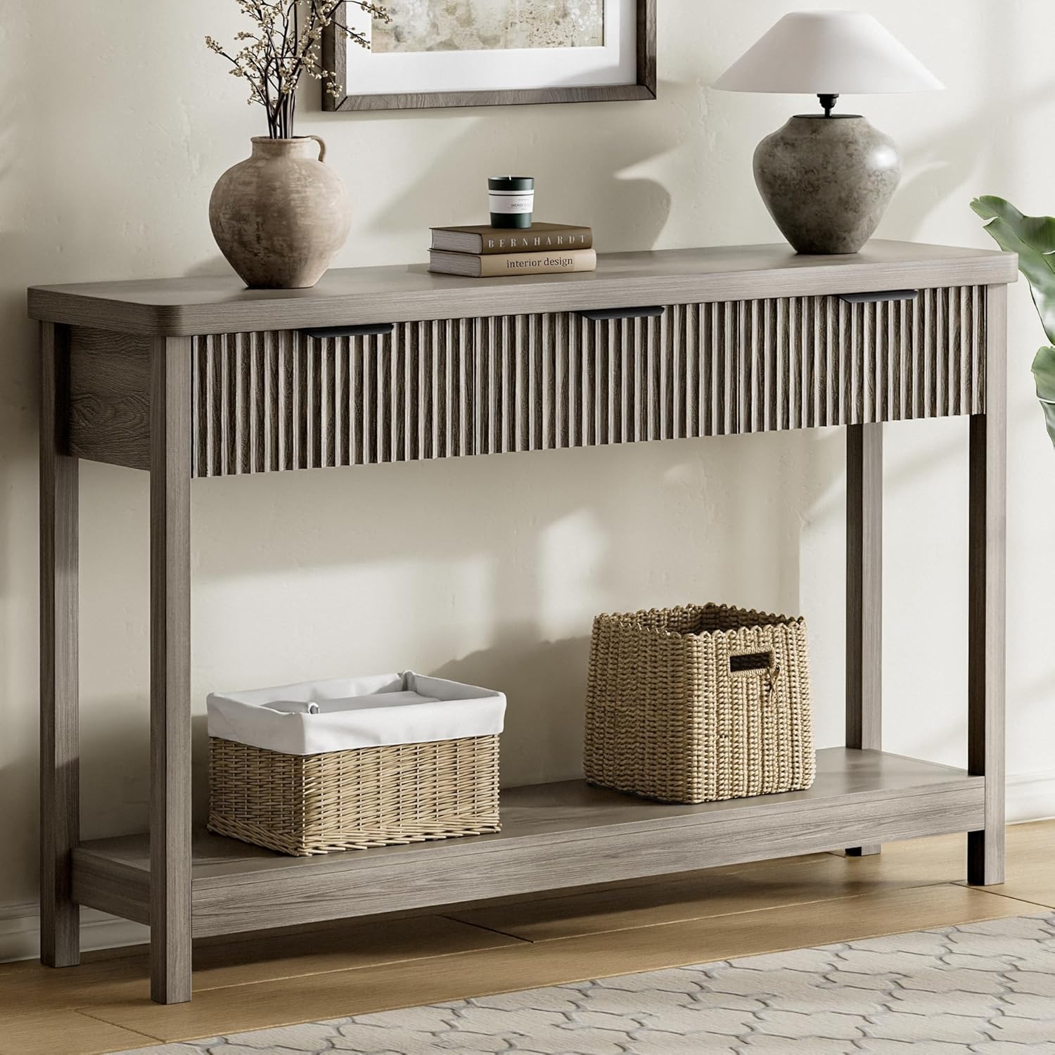 Lulive 51" Fluted Console Table for Entryway, Entryway Table with 3 Wooden Drawers, Farmhouse Behind Sofa Table for Living Room, Hallway, Couch, Foyer