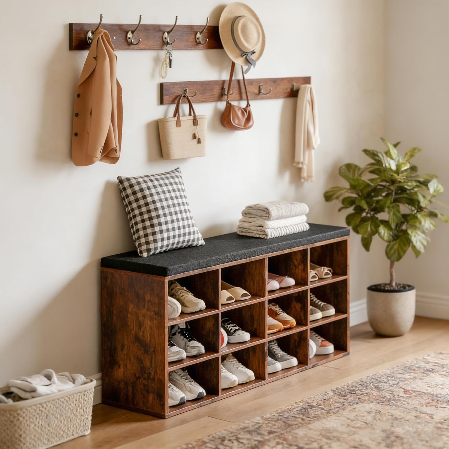 HOOBRO Shoe Storage Bench with Cushion, 39.4" L Entryway Bench with 12 Cubbies, Entryway Hall Tree with Storage, Shoe Cabinet with Coat Rack for Bedroom, Hallway, Holds up to 330 lb, BF112HX01G1