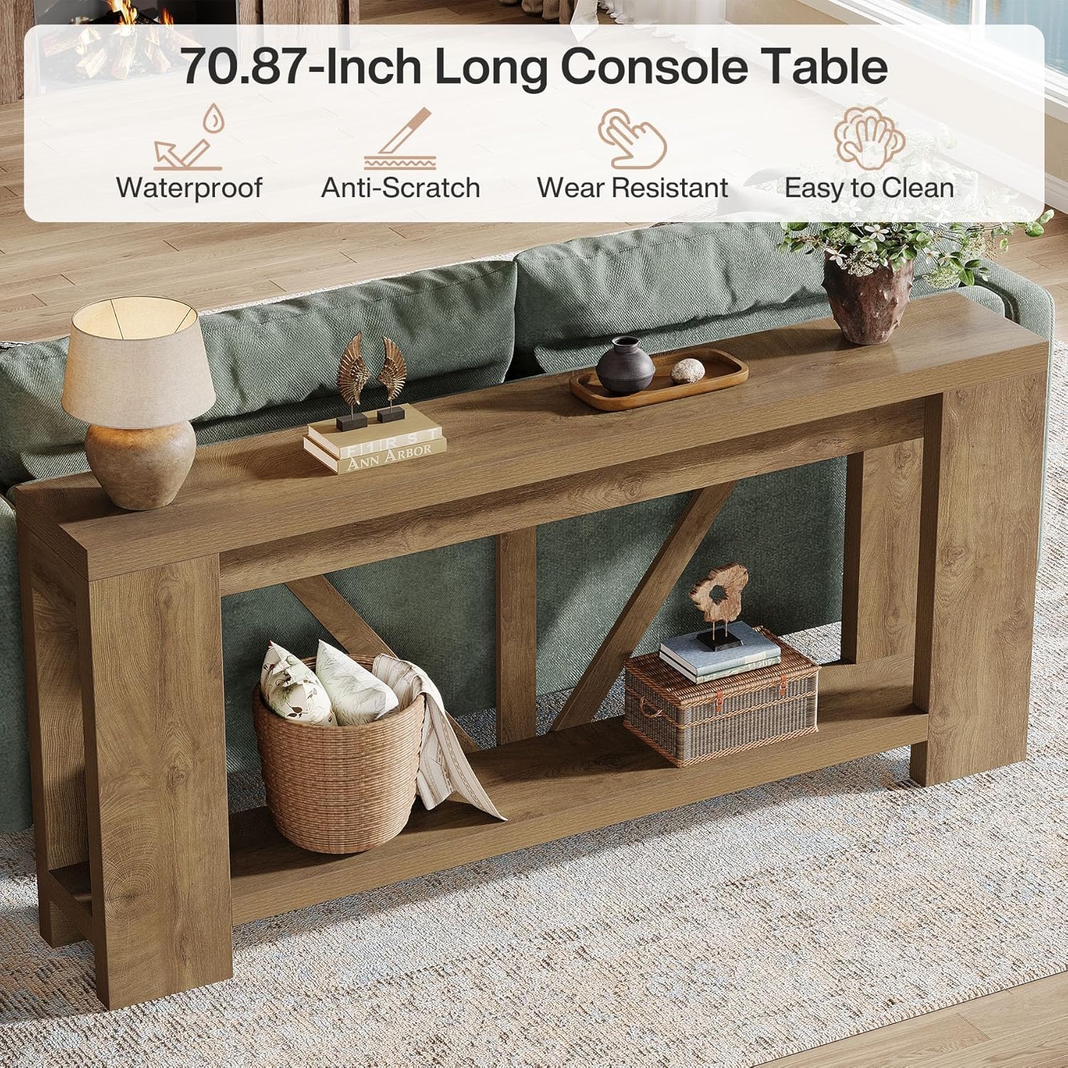 Tribesigns 70.9" Extra Long Entryway Table, Farmhouse Wood Console Tables with Storage Shelf, Modern Rustic Sofa Foyer Tables for Entryway, Behind Couch, Living Room, Entrance, Brown