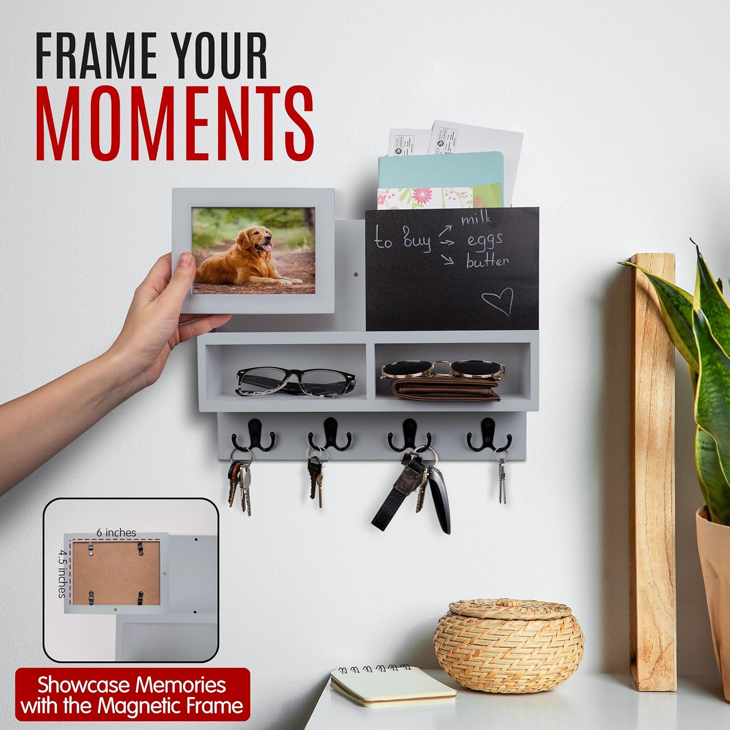 Spacelog Key and Mail Holder for Wall with Chalkboard – Magnetic Picture Frame Key Holder Wall Mount, Grey, Dual Storage & Cupboards